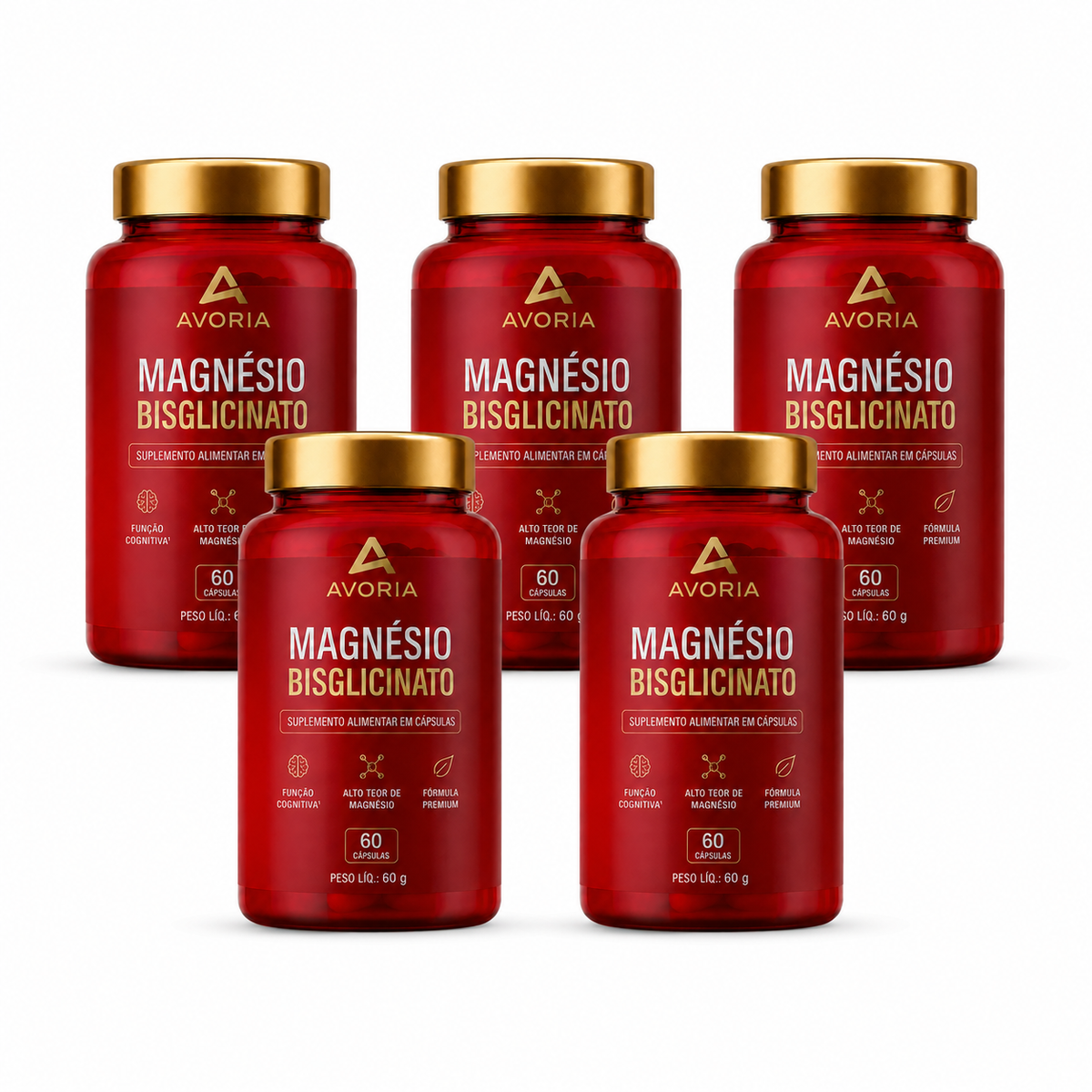 Kit Magnésio Bisglicinato Avoria – 5 Potes (300 Cápsulas)
